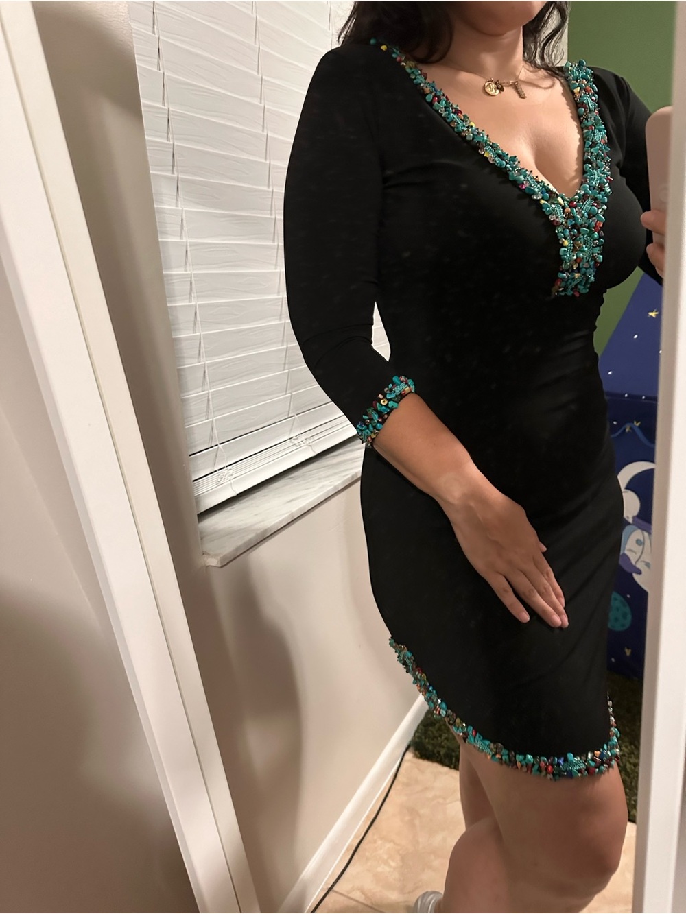 Black Midi V-Neck Dress with Turquoise Beaded Trim